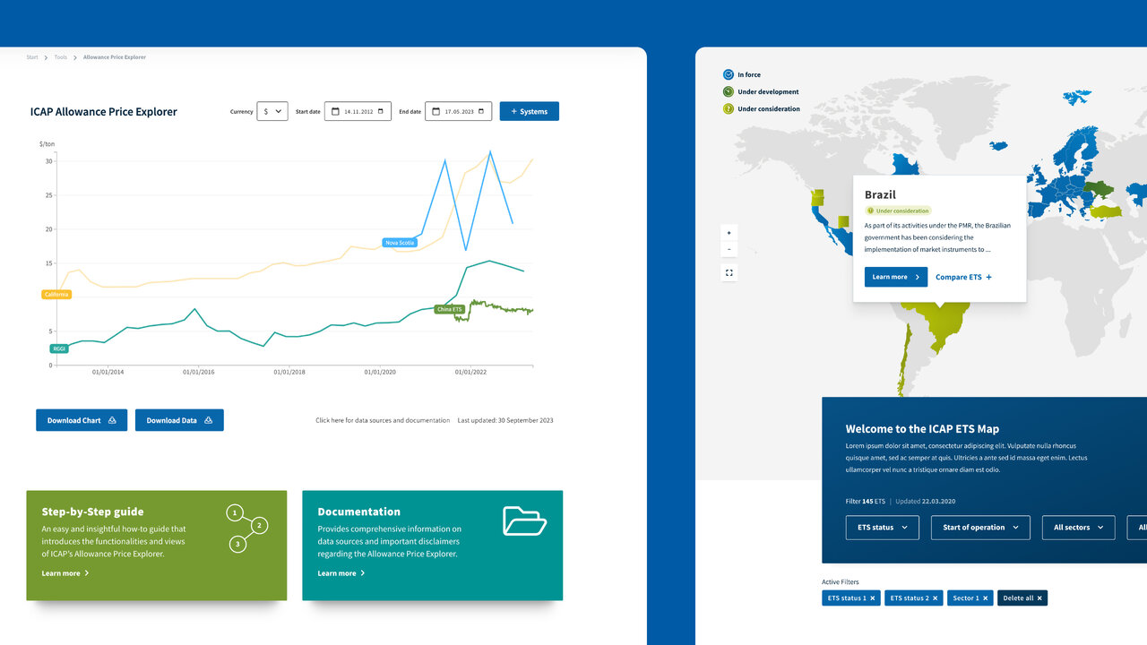 Benutzeroberfl&auml;che der ICAP-Webseite mit einer Grafik links zeigend Datentrends und einer interaktiven Weltkarte rechts, die Emissionshandelssysteme in verschiedenen L&auml;ndern und Regionen darstellt.