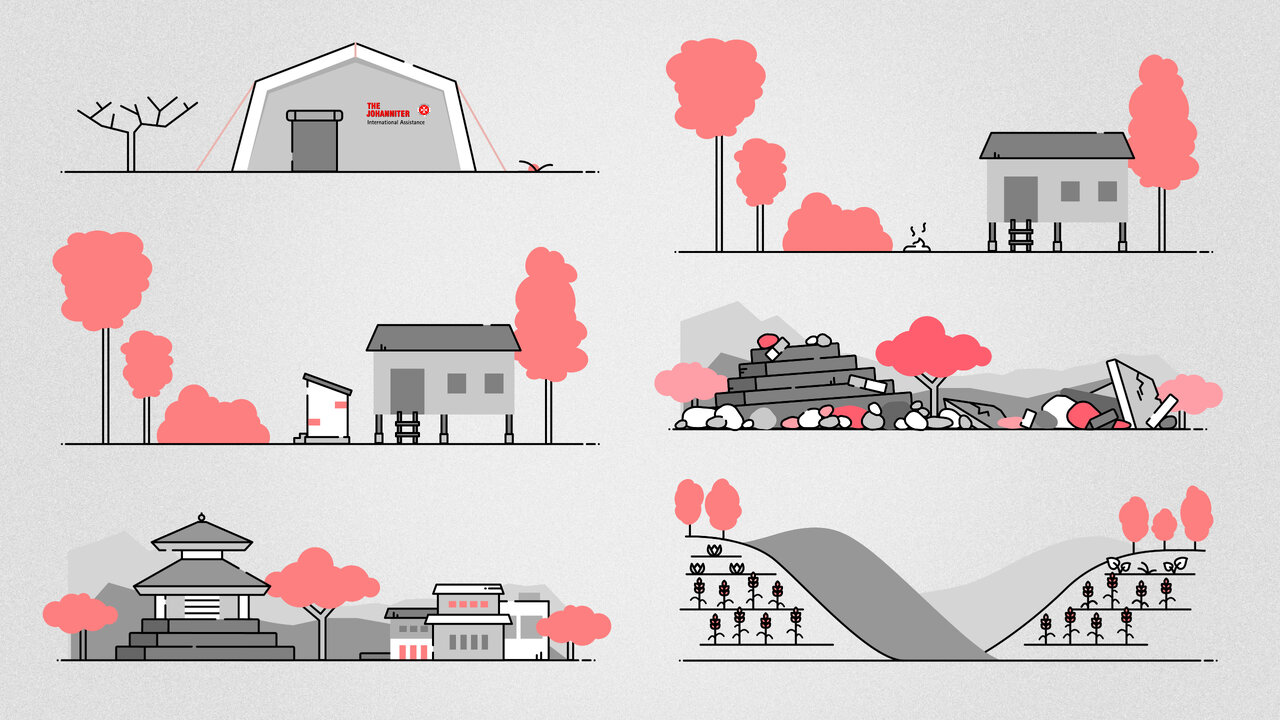 Grafische Darstellung verschiedener Szenarien mit minimalistischen Geb&auml;uden, B&auml;umen und Landschaften in Schwarz-Wei&szlig; und Korallenrot. Die Illustration zeigt unterschiedliche Umgebungen und Situationen, von l&auml;ndlichen Strukturen bis hin zu komplexeren Landschaftsansichten mit geometrischen Elementen.