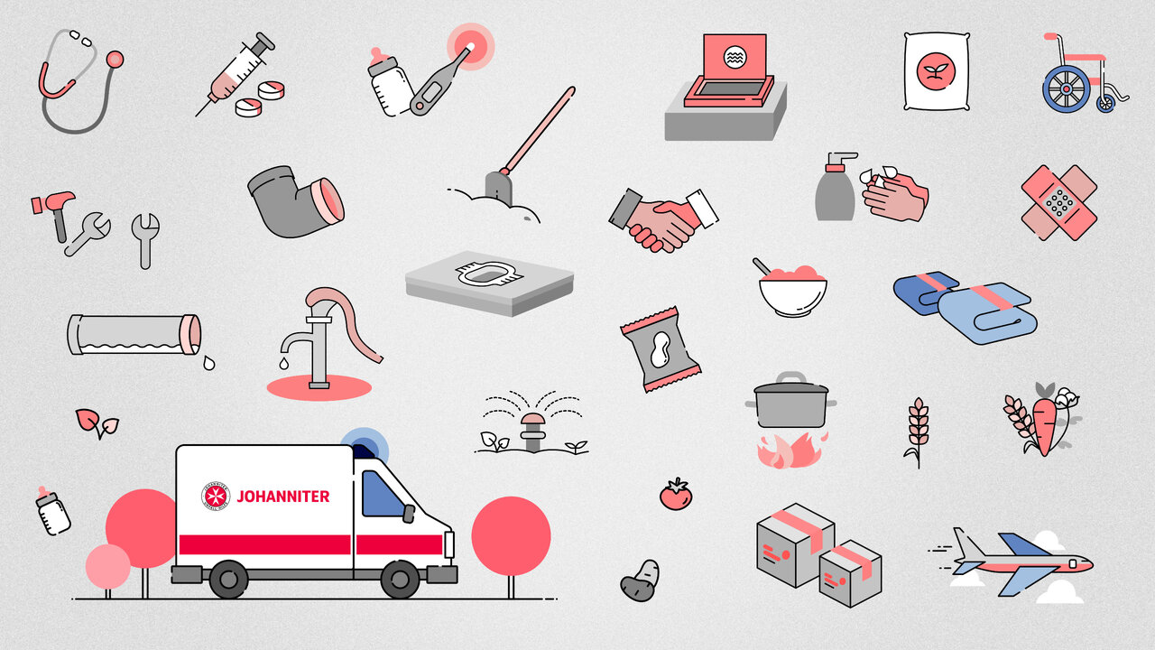 Grafische Darstellung verschiedener medizinischer, humanit&auml;rer und allt&auml;glicher Symbole in Rot und Grau, zentriert um einen Johanniter-Rettungswagen, die die vielf&auml;ltigen Aspekte humanit&auml;rer Hilfe und Gesundheitsversorgung symbolisieren.