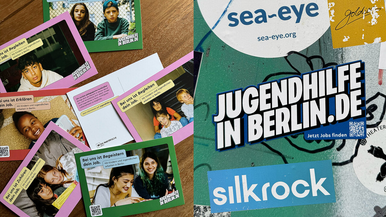 Collagetafel mit Fotos von Jugendlichen, Postern und Logos von Sea-Eye und Jugendhilfe Berlin, die Vielfalt und Engagement in der Jugendarbeit visuell darstellen.