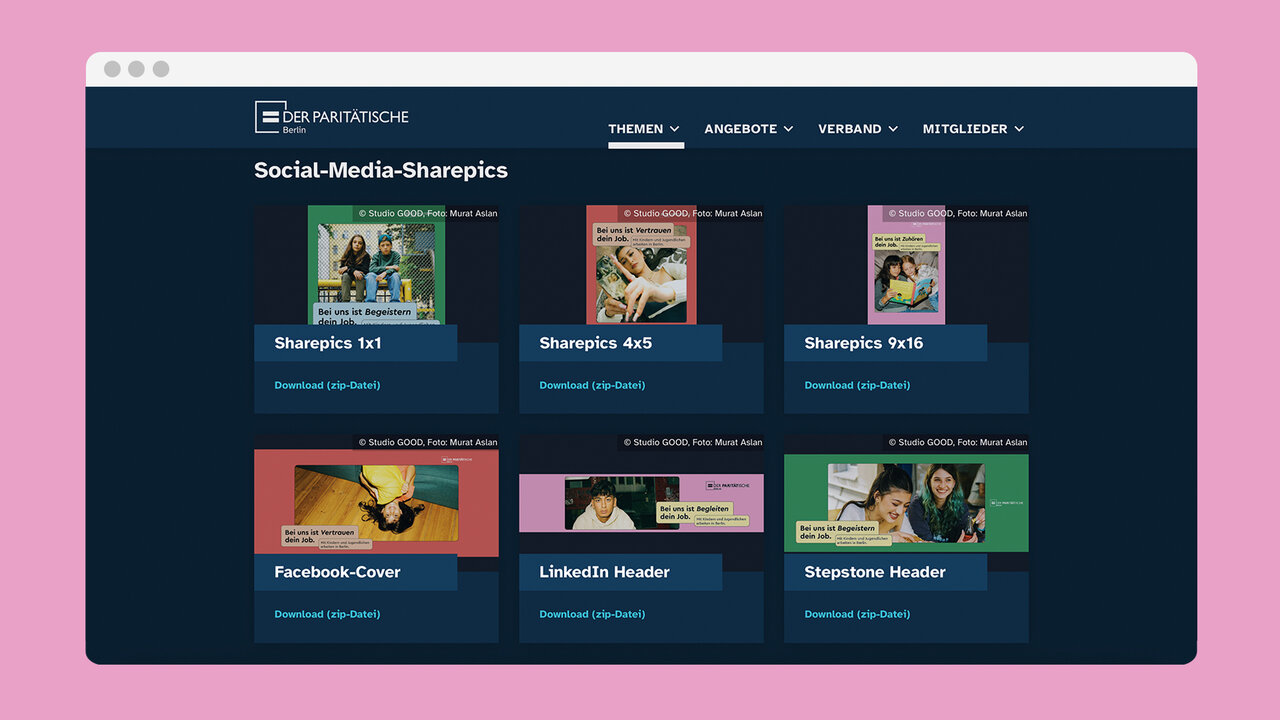Screenshot einer Webplattform mit Social-Media-Sharepics f&uuml;r eine Kampagne zur Jugendhilfe in Berlin, die verschiedene Design-Vorlagen f&uuml;r Facebook-Cover, LinkedIn-Header und andere Sharepics in gr&uuml;n-rosa-gelben Farbschattierungen zeigt.
