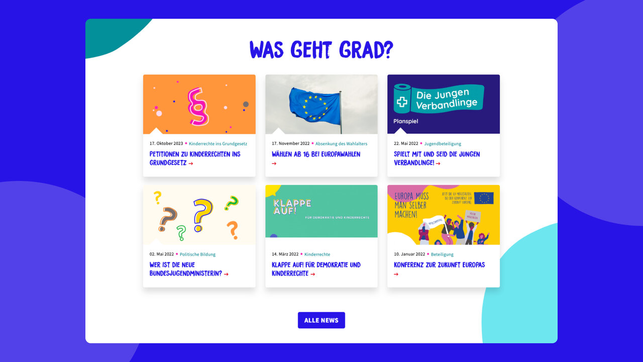 &Uuml;bersicht der Webseite "Was geht grad?" mit sechs bunten Kacheln zu verschiedenen Themen und Modulen, die Jugendliche &uuml;ber Engagement, Europ&auml;ische Union und gesellschaftliche Themen informieren. Die Kacheln haben unterschiedliche Farben und grafische Elemente wie Flaggen, Fragezeichen und illustrative Grafiken.