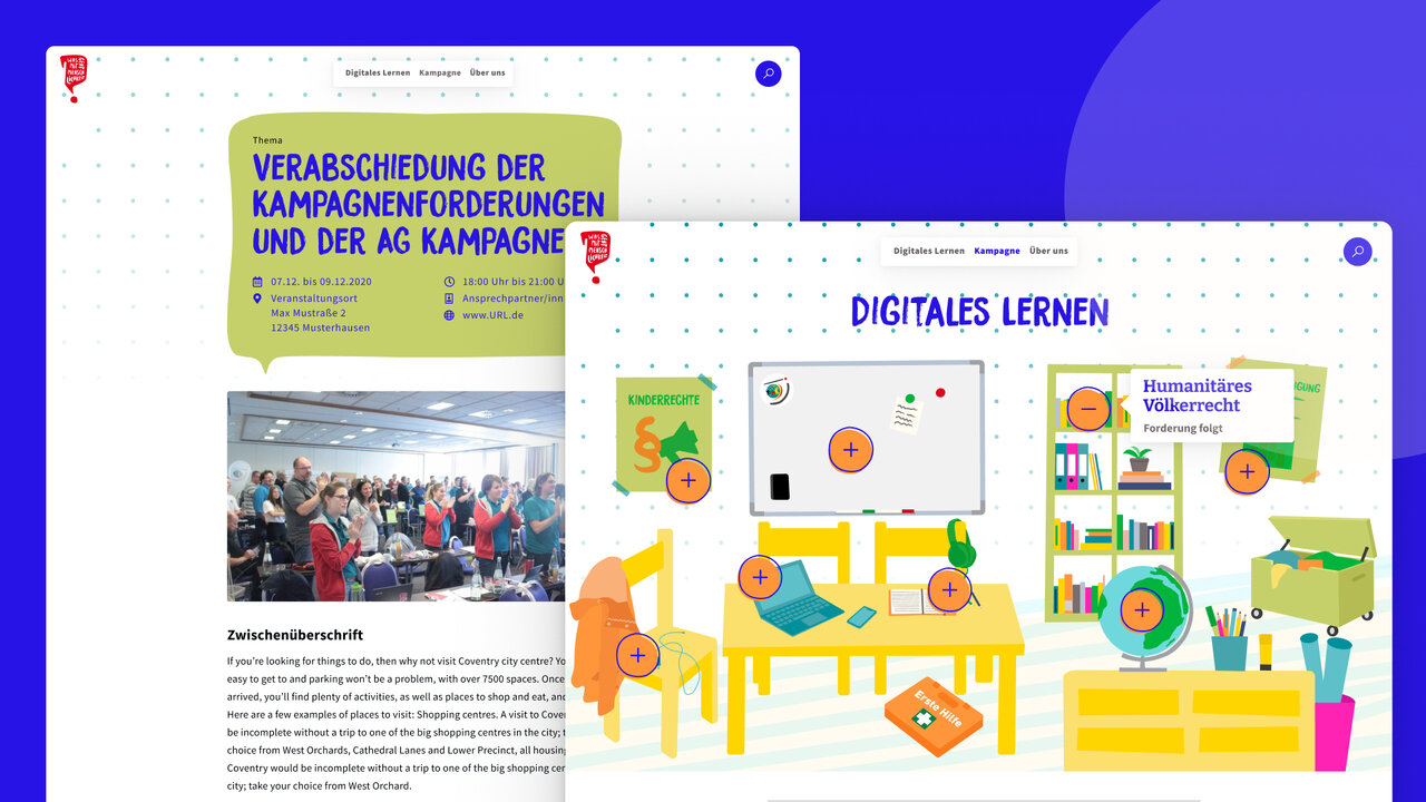 Zwei Bildschirme mit grafischen Layouts f&uuml;r ein Projekt des Jugendrotkreuzes: Links eine Seite &uuml;ber Kampagnenf&ouml;rderung mit einem Gruppenfoto, rechts eine Illustration zum digitalen Lernen mit gelben Tischen, St&uuml;hlen und Lernmaterialien in orangenen und gr&uuml;nen Farbt&ouml;nen.