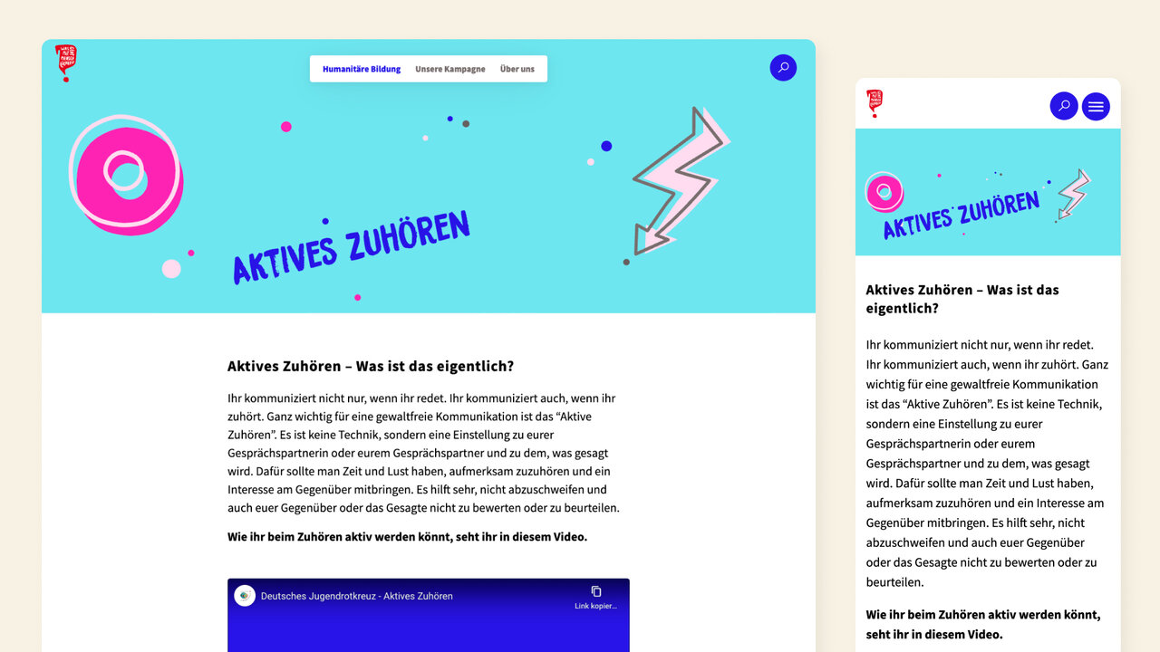 Webseiten-Screenshot mit blauem Hintergrund und dem Titel "Aktives Zuh&ouml;ren" in dynamischer Typografie, der eine interaktive Webdesign-Seite f&uuml;r das Jugendrotkreuz-Projekt zeigt, mit grafischen Elementen wie Blitz und Kreisen.