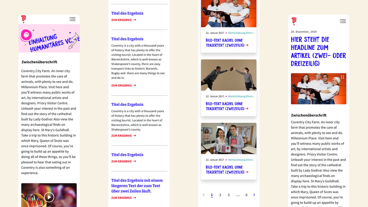 Webdesign-Layout mit mehreren Spalten und Artikelvorschauen, die Webseiten-Screenshots und Fotos von Menschen in verschiedenen Interaktionssituationen zeigen, offenbar f&uuml;r eine Kampagne des Jugendrotkreuzes zur F&ouml;rderung von Menschlichkeit.