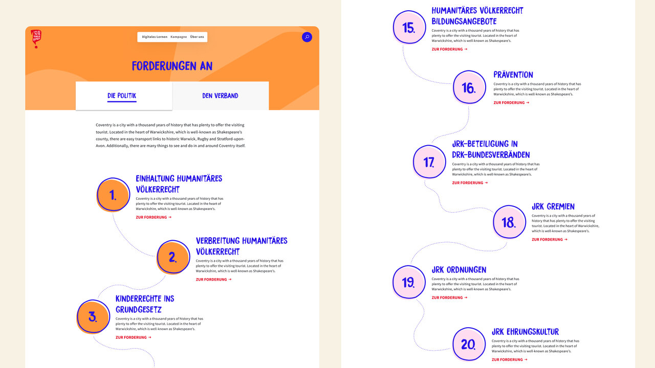 Zweiseitige Projektdokumentation mit orangefarbener Navigationsleiste und violetten Nummerierungen, die schrittweise Elemente einer Kampagne f&uuml;r das Jugendrotkreuz zum Thema Menschlichkeit visualisiert, mit klarer grafischer Strukturierung und modularem Layout.