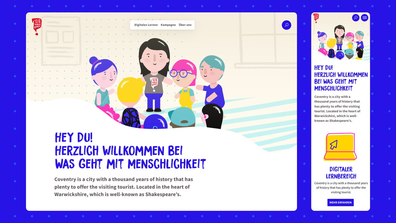 Grafische Darstellung einer Gruppe von f&uuml;nf stilisierten Charakteren unterschiedlichen Alters und Geschlechts mit einer Willkommens-Botschaft in Blau und Wei&szlig;, die Vielfalt und Gemeinschaft symbolisiert.
