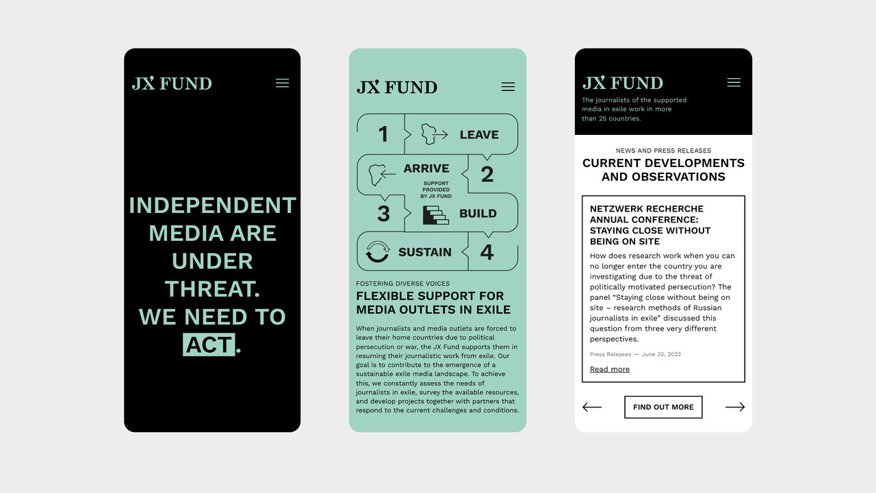 Design-Screens der JX Fund-Website in Mint-Gr&uuml;n und Schwarz, die Strategien zur Unterst&uuml;tzung von Exilmedien in L&auml;ndern mit eingeschr&auml;nkter Pressefreiheit zeigen, mit Schritten wie "Ankommen", "Aufbauen" und "Durchhalten" sowie Informationen zu aktuellen Entwicklungen.
