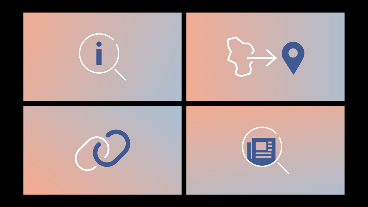 Vier minimalistische Grafik-Icons, die verschiedene digitale Funktionen oder Informationstypen symbolisieren: Suche, Standort, Verbindung und Nachrichten/Artikel, dargestellt in einem abgestuften Rosa-Blau-Farbverlauf.