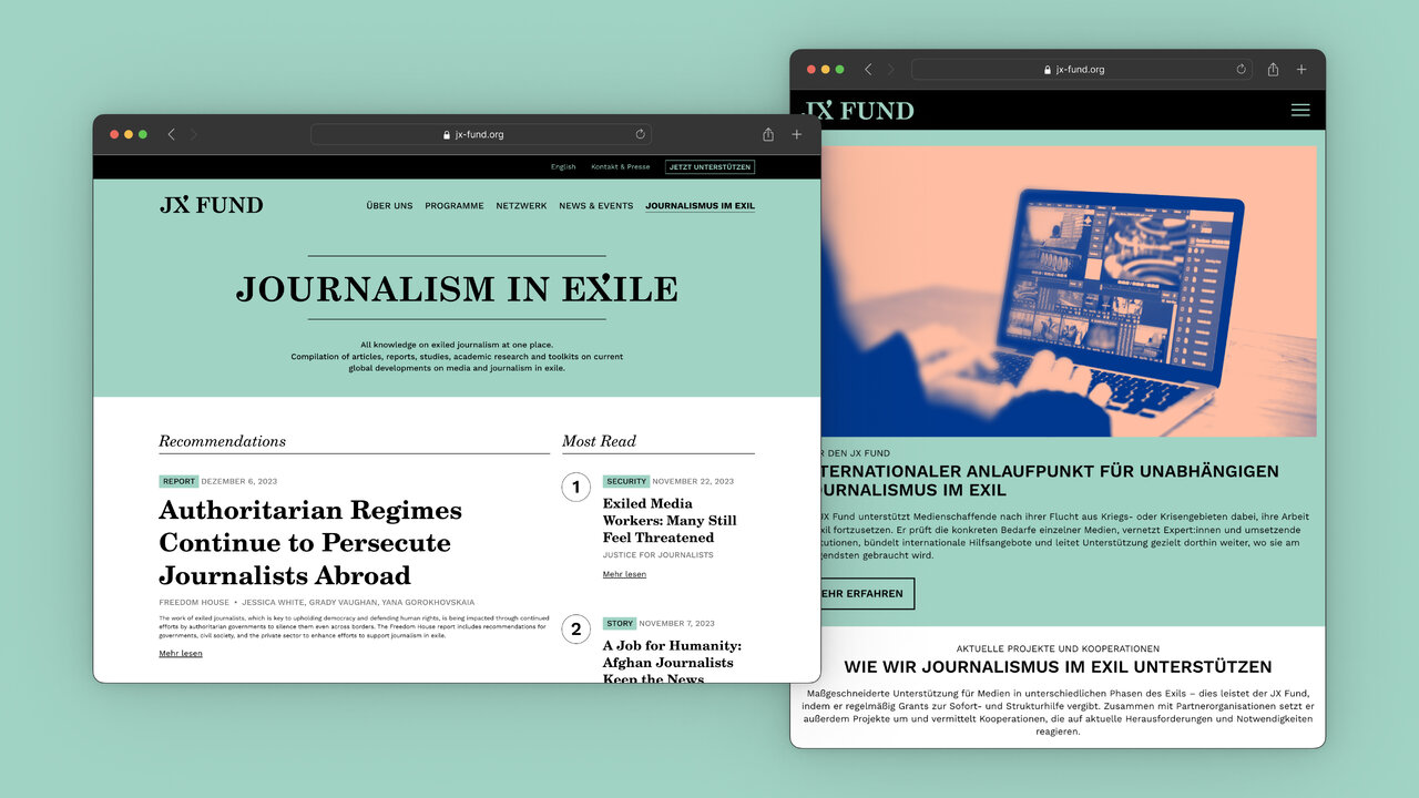 Zwei Webseiten-Screenshots des JX Fund-Projekts "Journalism in Exile" mit Informationen &uuml;ber Journalismus in Exil-Situationen, dargestellt auf einem mintgr&uuml;nen und einem blau-orangefarbenen Hintergrund.