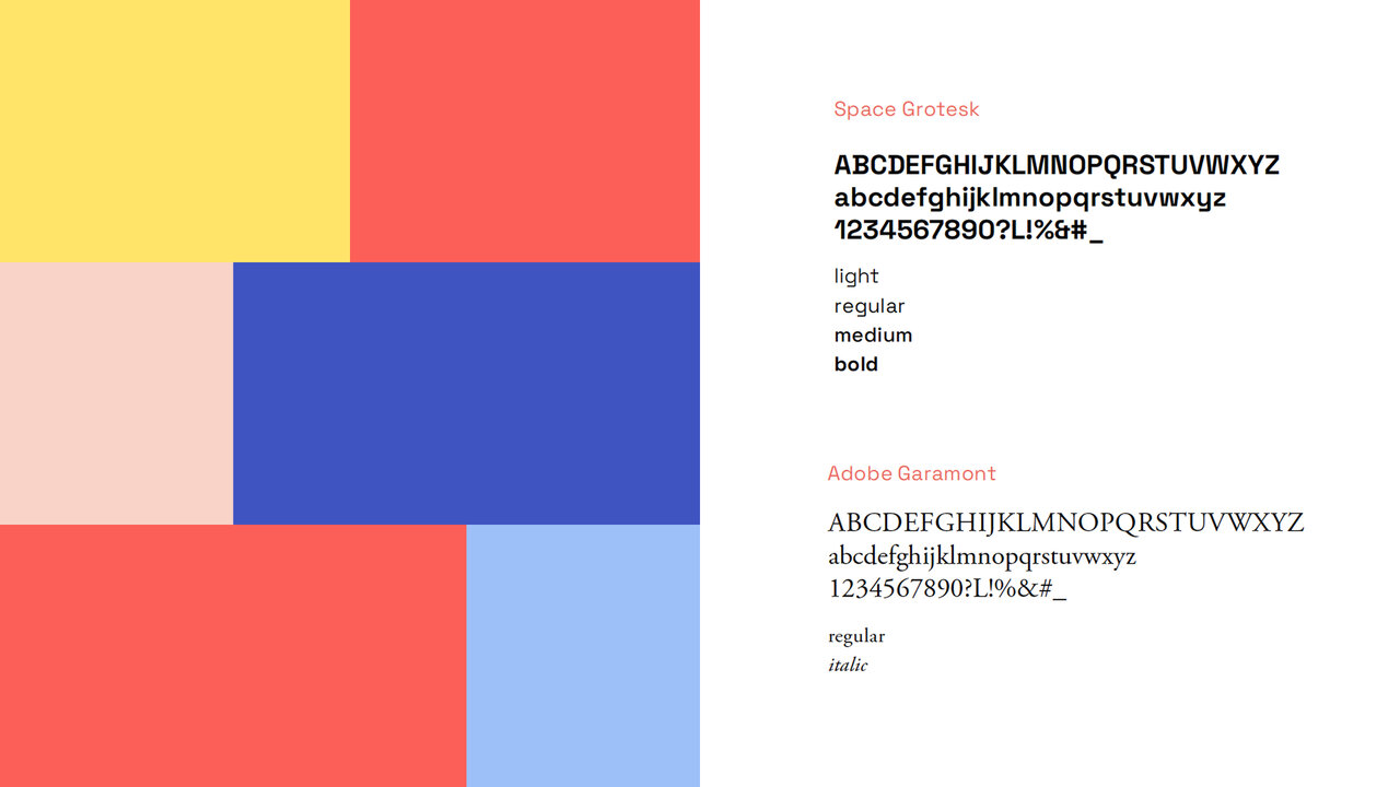 Grafische Darstellung einer Farbpalette und Typografie f&uuml;r ein Projekt gegen Hass im Netz, mit geometrischen Farbbl&ouml;cken in Gelb, Rot, Blau und Schriftbeispielen in verschiedenen Gewichtungen.