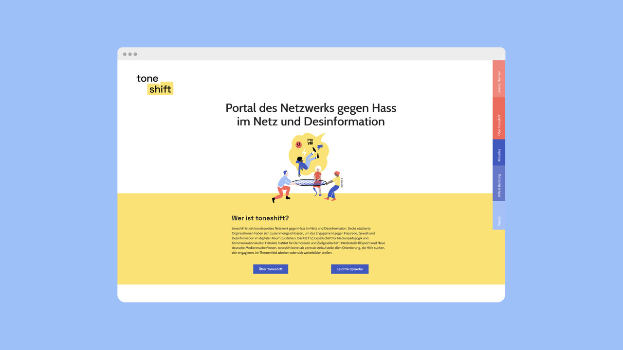 Website-Screenshot des Portals gegen Hass im Netz mit gelbem und blauem Design, der zwei stilisierte Figuren und den Titel "Portal des Netzwerks gegen Hass im Netz und Desinformation" zeigt.