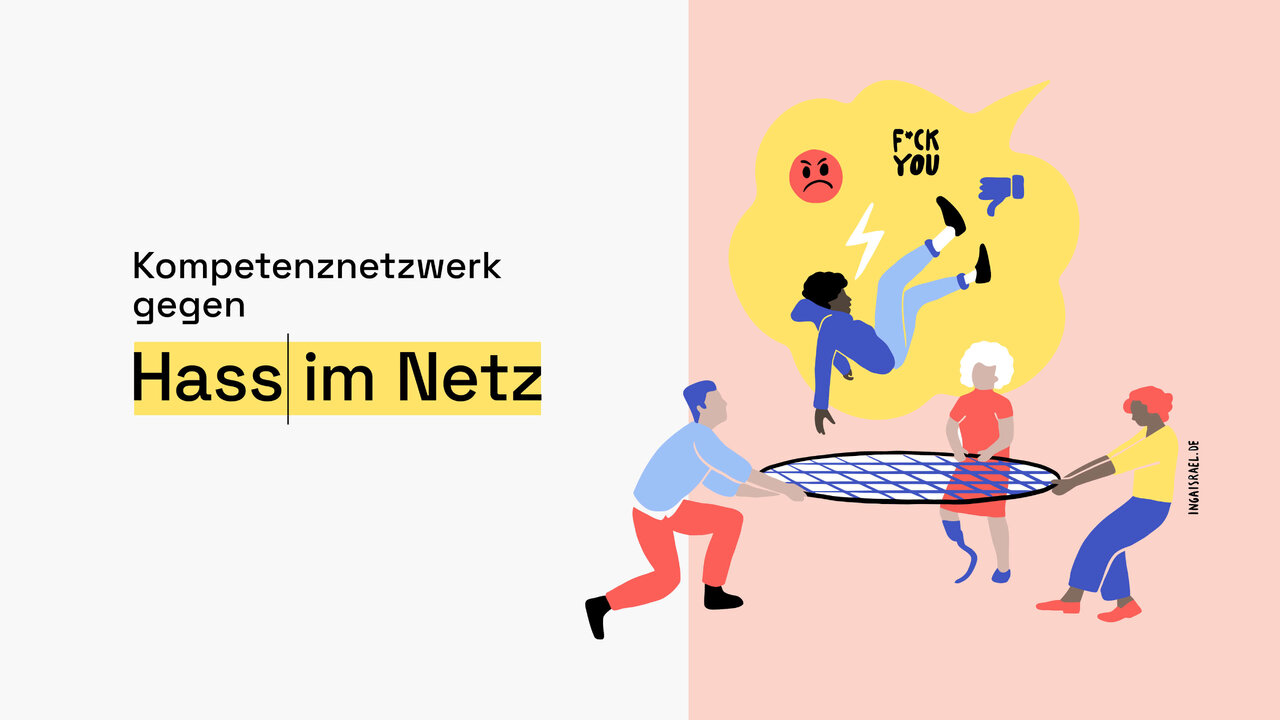 Grafische Darstellung des Kompetenznetzwerks gegen Hass im Netz mit stilisierten Figuren, die eine Plattform mit einem aggressiven Sprechblase-Element bew&auml;ltigen. Illustration symbolisiert den Kampf gegen Online-Hass und digitale Gewalt.