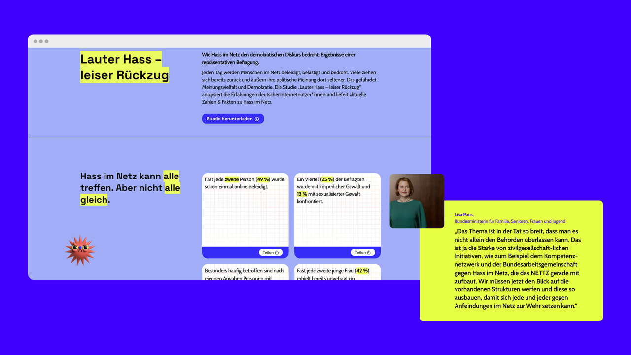 Benutzeroberfl&auml;che einer Website des Kompetenznetzwerks gegen Hass im Netz mit mehreren Fenstern und Textbl&ouml;cken in Blau- und Gelbt&ouml;nen, die Strategien zur Bek&auml;mpfung von Hassrede online zeigen.