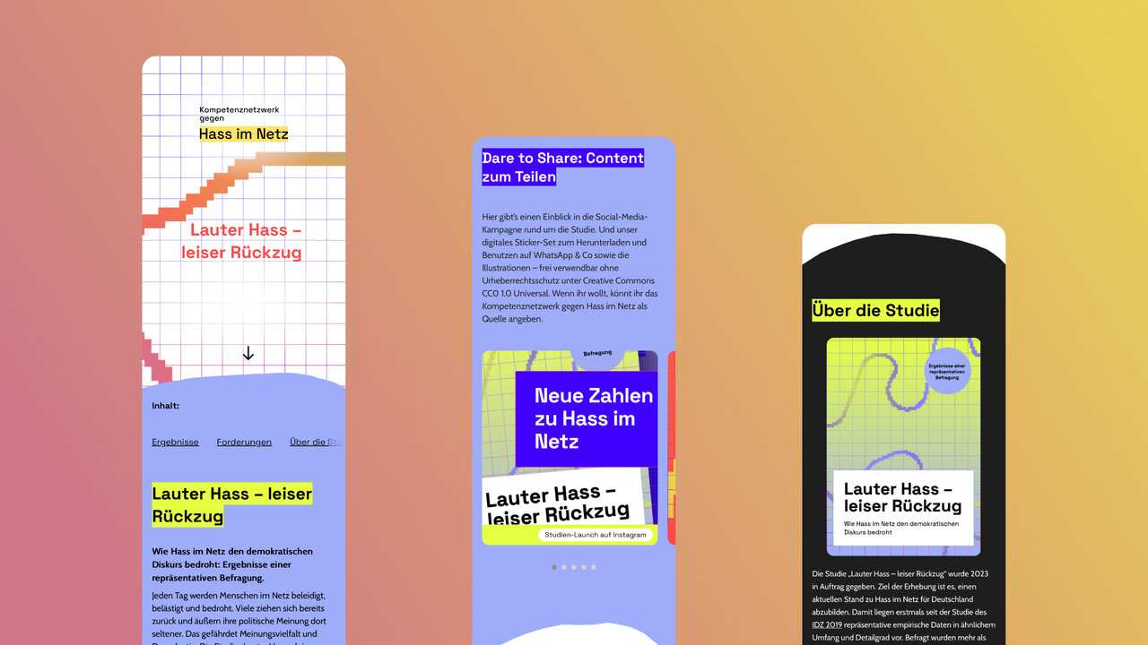 Drei Layouts und Entw&uuml;rfe f&uuml;r die Webseite des Kompetenznetzwerks gegen Hass im Netz, zeigen unterschiedliche Designelemente und Screens in Rot-, Blau- und Gelbtonalit&auml;ten, die Informationsstruktur und visuelle Kommunikationsstrategie des Projekts visualisierend.