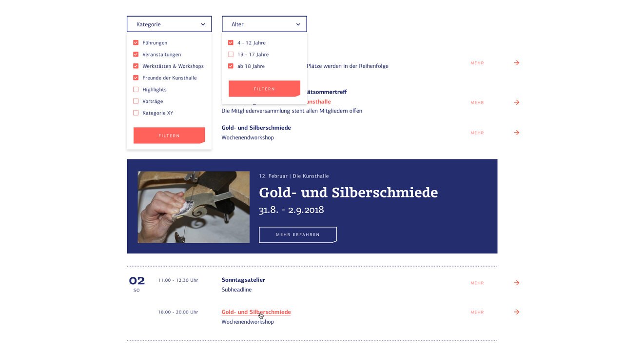 Ausschnitt einer Webseite mit blau-rotem Header f&uuml;r eine Veranstaltung "Gold- und Silberschmiede" mit Datumsangabe und Navigationsmen&uuml;