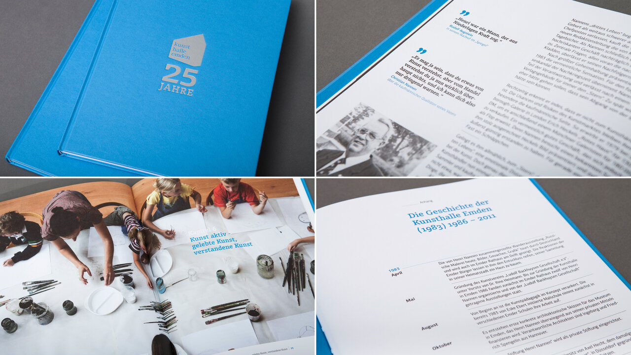 Collage von vier Bildern zeigt ein blaues Jubil&auml;umsbuch zum 25-j&auml;hrigen Bestehen der Kunsthalle Emden mit Layout-Details, Innenseiten und einer Arbeitsszene mit verstreuten Designelementen. Die Bilder pr&auml;sentieren verschiedene Aspekte des Corporate Designs und der Publikationsgestaltung von Studio Good.