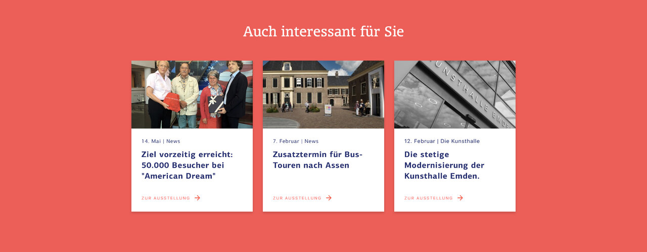 Drei Vorschauartikel mit Fotos und &Uuml;berschriften auf einem korallroten Hintergrund, die unterschiedliche Themen und Inhalte pr&auml;sentieren.