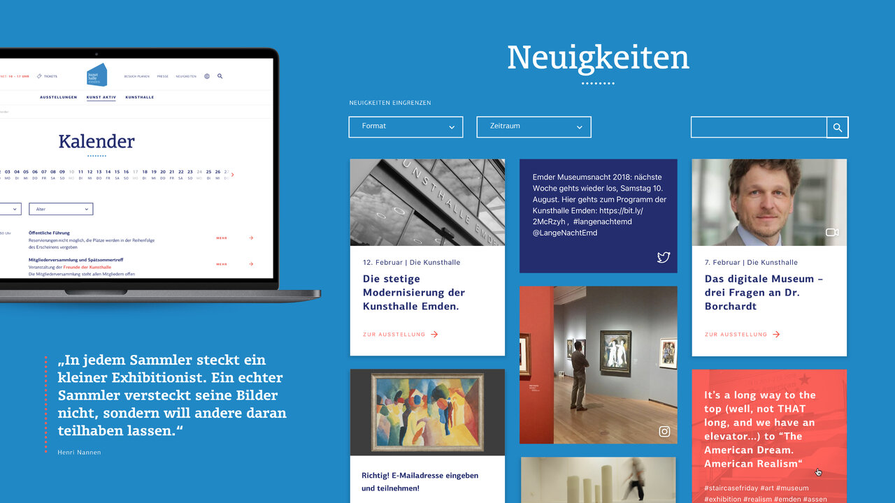Ein Screenshot der Nachrichten-Seite des Kunsthalle Emden Webdesigns mit blauem Hintergrund, der verschiedene Artikel und Webseitenelemente wie Kalender und Newstiles zeigt, die das neue Corporate Design der Kunsthalle Emden repr&auml;sentieren.
