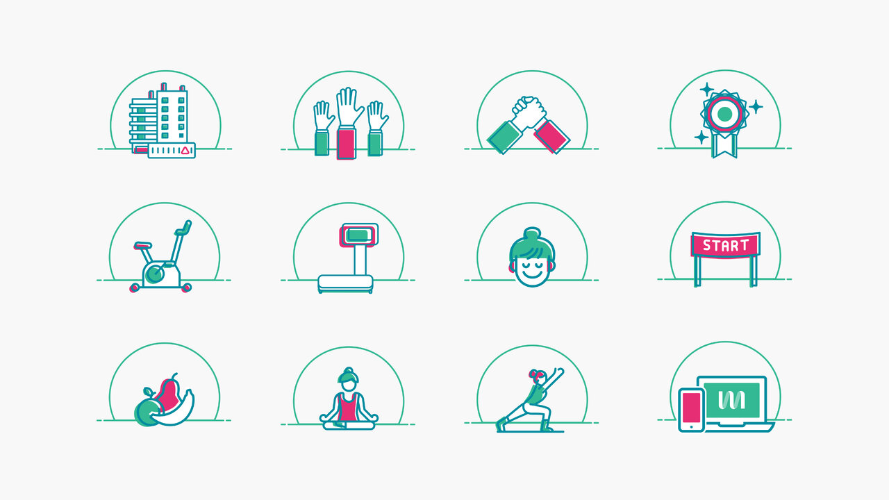 Zw&ouml;lf minimalistische Icons in T&uuml;rkis und Rosa, die verschiedene Aspekte von Gesundheit, Fitness und Wohlbefinden symbolisieren, wie B&uuml;rogeb&auml;ude, Teamarbeit, Bewegung, Meditation und digitale Gesundheitsanwendungen.