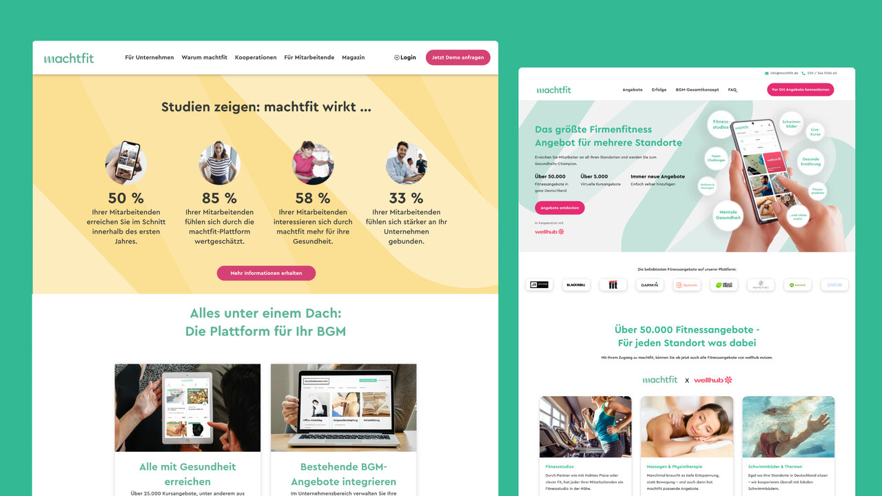 Zwei Webseiten-Screenshots von machtfit mit Statistiken, Bildschirmansichten und Beschreibungen der Gesundheitsplattform, die digitale Gesundheitsangebote f&uuml;r Unternehmen &uuml;bersichtlich und benutzerfreundlich pr&auml;sentiert.