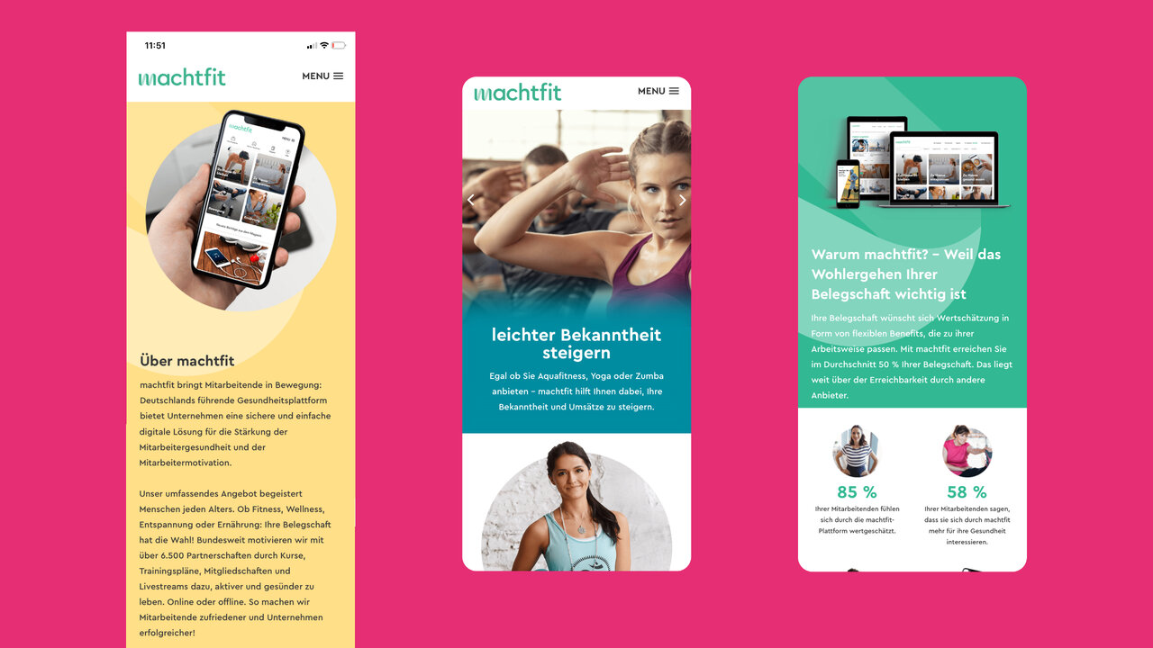 Drei Smartphone-Bildschirme der Machtfit-App mit verschiedenen Ansichten: Startseite, Gesundheitsangebote und &Uuml;bersicht, in Pink und Gr&uuml;nt&ouml;nen dargestellt, zeigen digitale Gesundheits- und Fitness-Funktionen.