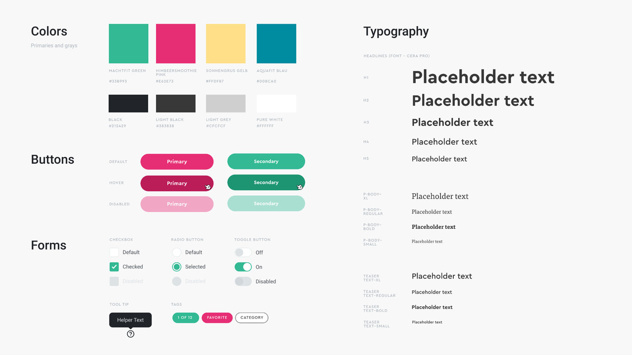 Design-System-Vorlage mit Farbpalette, Typografie und UI-Komponenten wie Buttons und Formularelementen. Das Layout zeigt systematisch aufgebaute Gestaltungselemente in einem minimalistischen, klaren Stil mit gr&uuml;nen, pinken und gelben Akzentfarben.