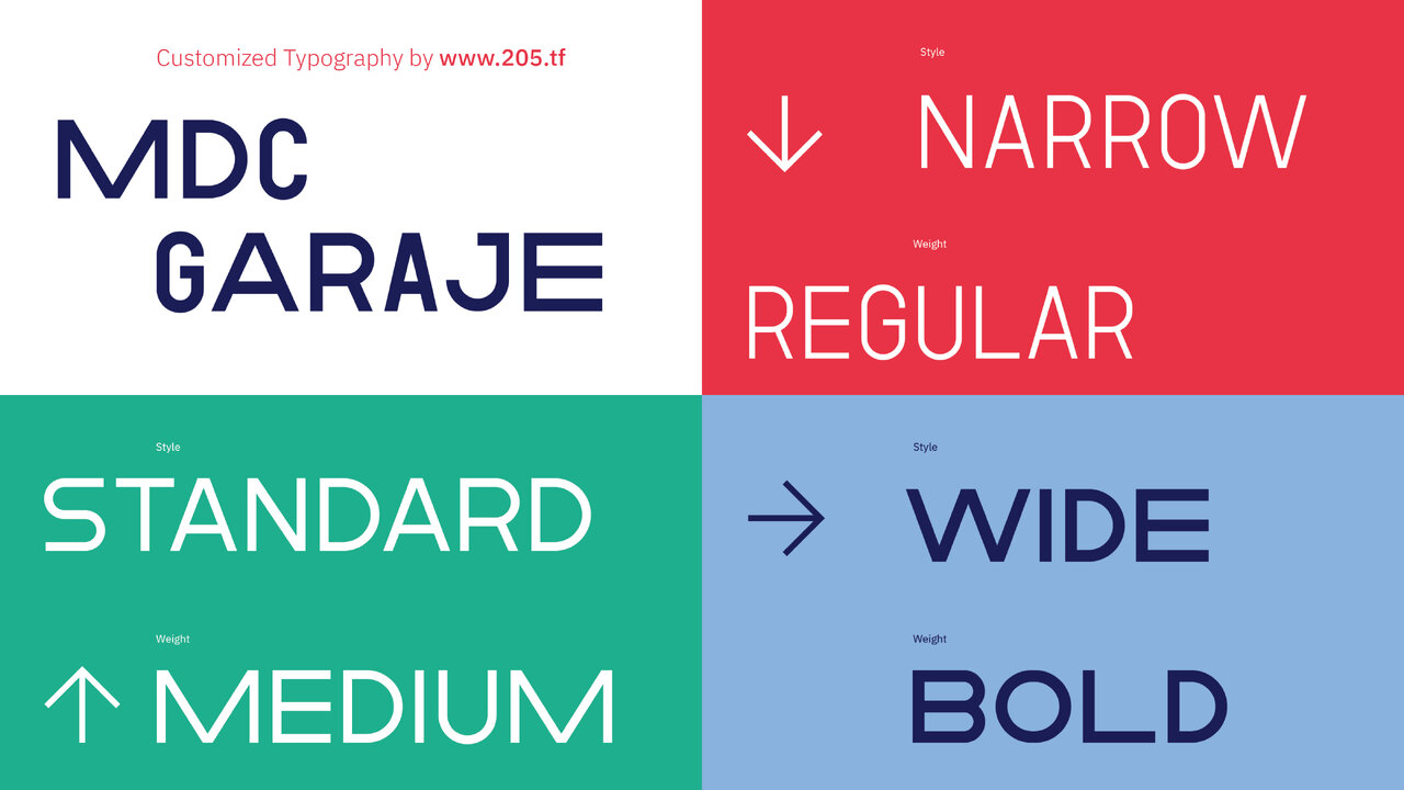 Typografische Darstellung der Schriftart MDC Garaje mit Varianten von schmal bis breit und regular bis fett, in verschiedenen Farben und Ausrichtungen pr&auml;sentiert.