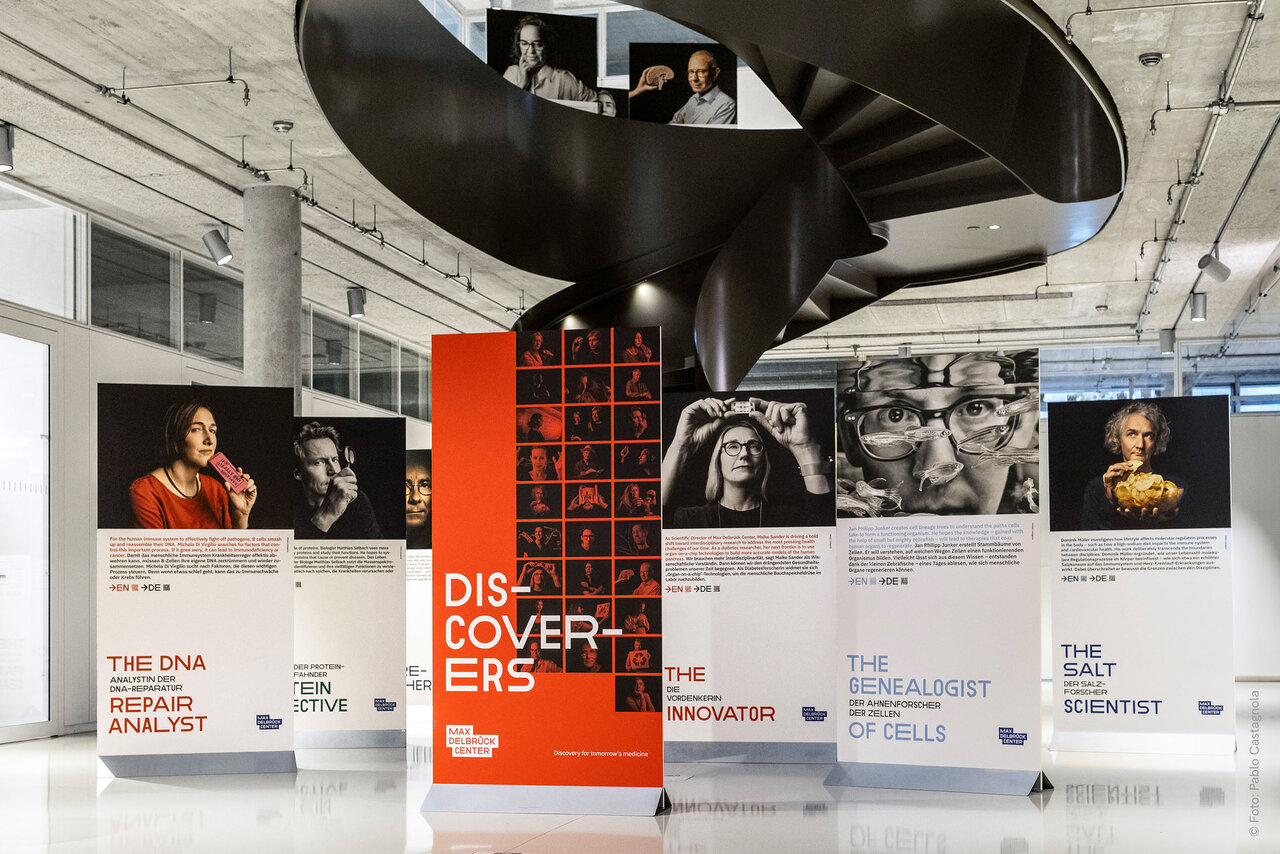 Eine Ausstellungsansicht mit mehreren gro&szlig;formatigen Informationstafeln &uuml;ber verschiedene Pers&ouml;nlichkeiten, die eine schwarze Wendeltreppe in einem modernen, lichtdurchfluteten Raum durchkreuzt. Die Tafeln pr&auml;sentieren Portr&auml;ts und Informationen &uuml;ber Forscher und Entdecker in verschiedenen Schwarz-Wei&szlig;- und Farbaufnahmen, mit einem auff&auml;lligen orangefarbenen Plakat in der Mitte.