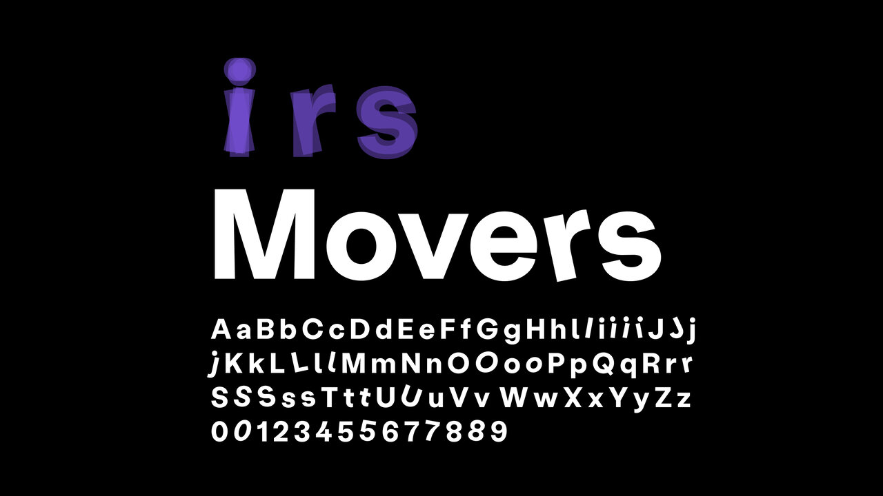 Movers-Schriftart in verschiedenen Buchstaben und Zahlen, mit violetter Betonung auf "irs" und wei&szlig;em Hintergrund, pr&auml;sentiert im charakteristischen Design von Studio Good f&uuml;r die Allianz Foundation.