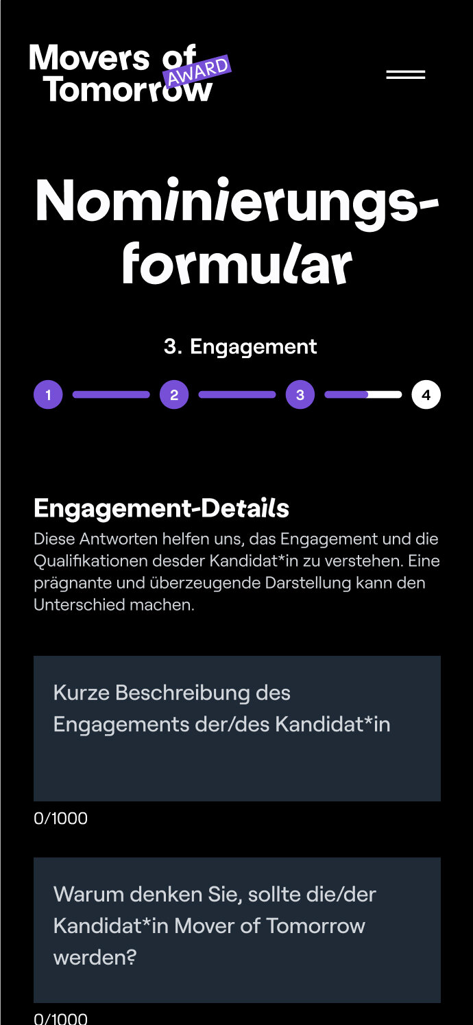 Nominierungsformular f&uuml;r den Movers of Tomorrow Award, zeigt den dritten Schritt "Engagement" mit Eingabefeldern zur Beschreibung des Kandidatenengagements und Begr&uuml;ndung f&uuml;r die Nominierung.