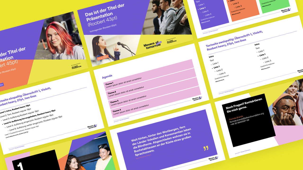 Vielfarbiges Layout von Pr&auml;sentationsfolien des Movers of Tomorrow Awards mit dynamischen Farbbl&ouml;cken, Zitaten und Bildausschnitten, die das Branding und Design von Studio Good f&uuml;r die Allianz Foundation zeigen.