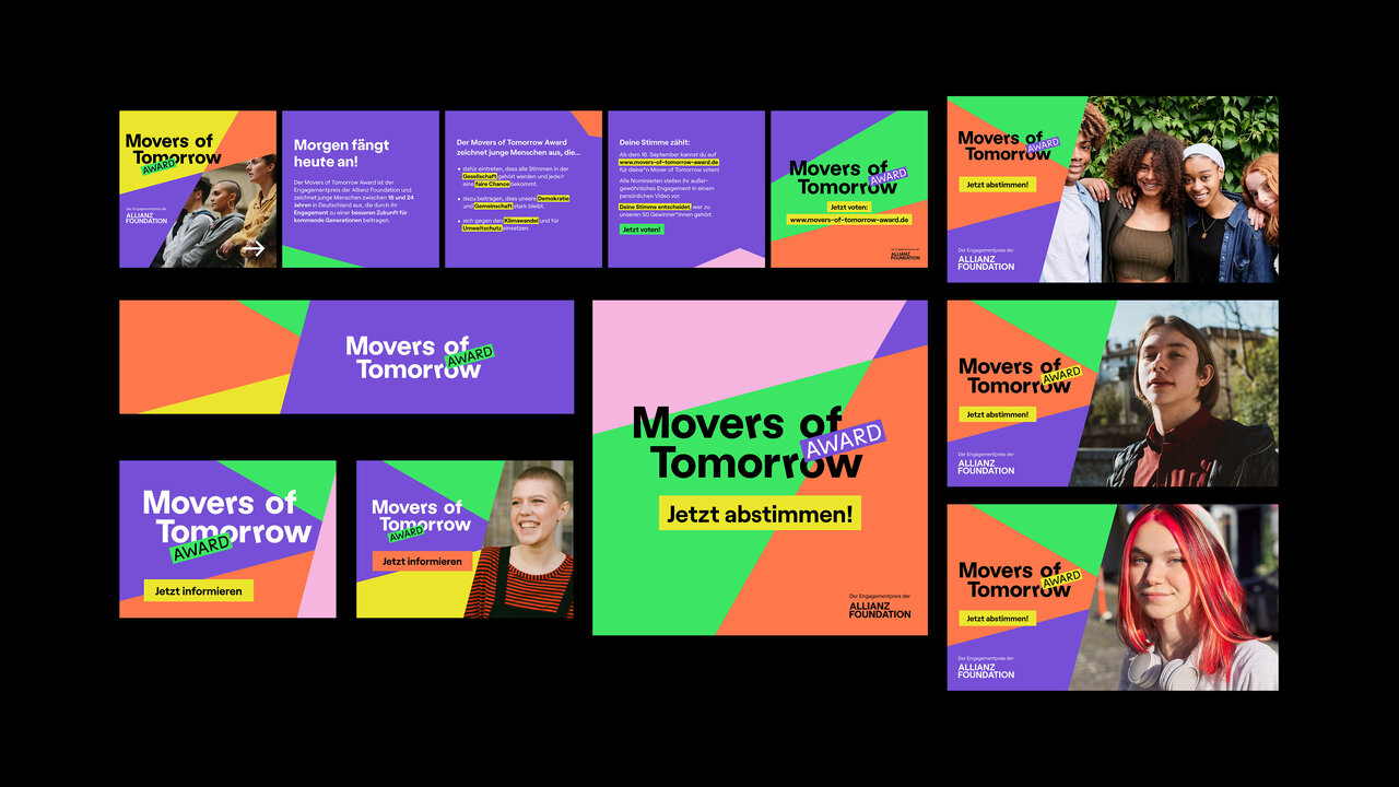 Branding-Design f&uuml;r den "Movers of Tomorrow Award" der Allianz Foundation mit lebendigen Farbbl&ouml;cken, Websitescreenshots und Portr&auml;tfotos, die junges gesellschaftliches Engagement in verschiedenen grafischen Layouts pr&auml;sentieren.