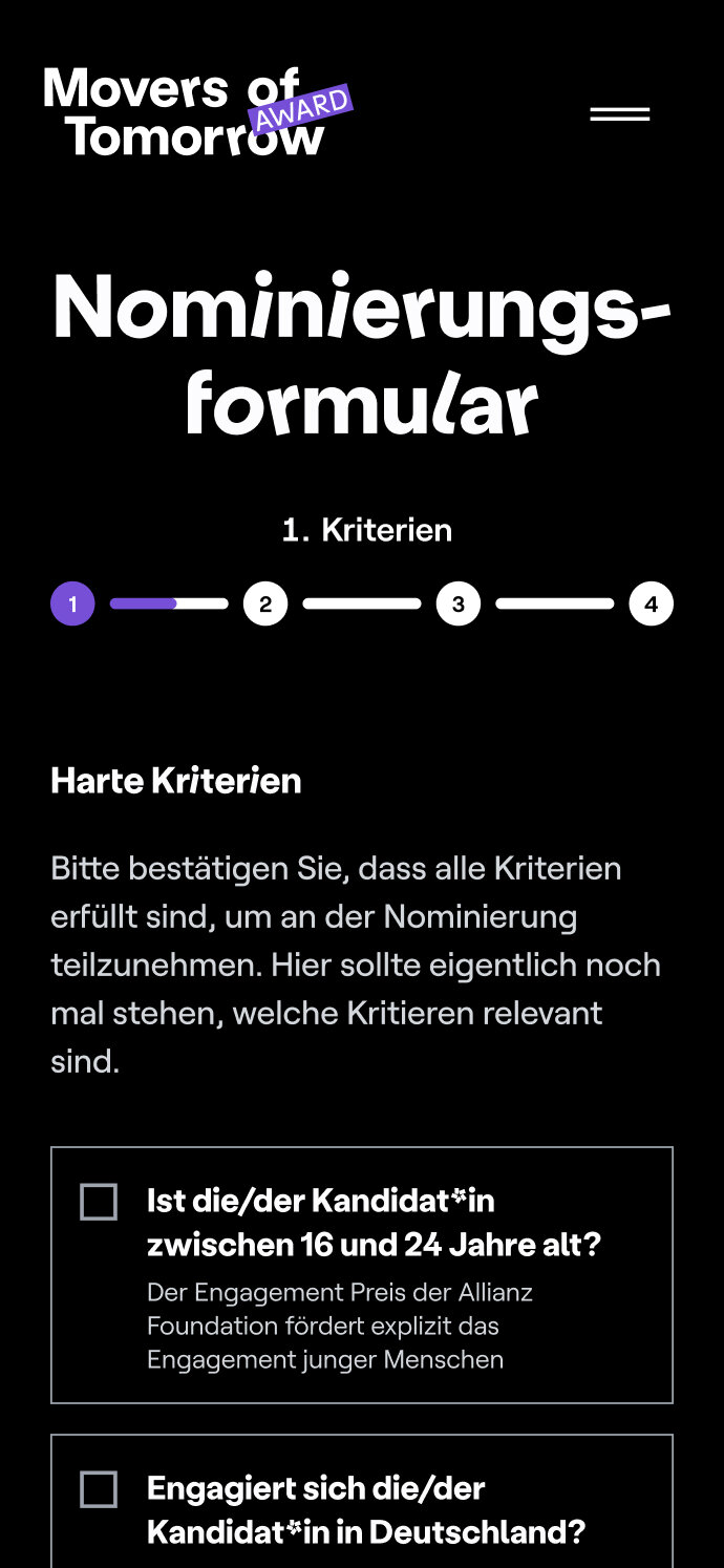 Nominierungsformular f&uuml;r den Movers of Tomorrow Award mit Schritten zur Auswahl von Kandidaten zwischen 16 und 24 Jahren, die sich in Deutschland engagieren. Das Formular zeigt harte Kriterien f&uuml;r die Nominierung auf einem dunklen, minimalistischen Design.
