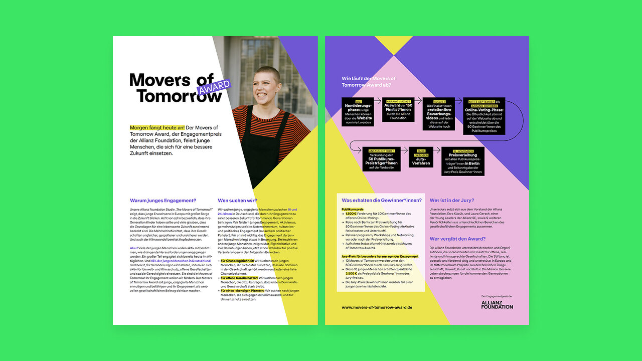 Magazin-Doppelseite des "Movers of Tomorrow Awards" mit dynamischem Layout in Gr&uuml;n, Gelb und Lila, pr&auml;sentiert mit einem Portrait einer jungen Person und informativen Textbl&ouml;cken &uuml;ber den Preis f&uuml;r junges Engagement.