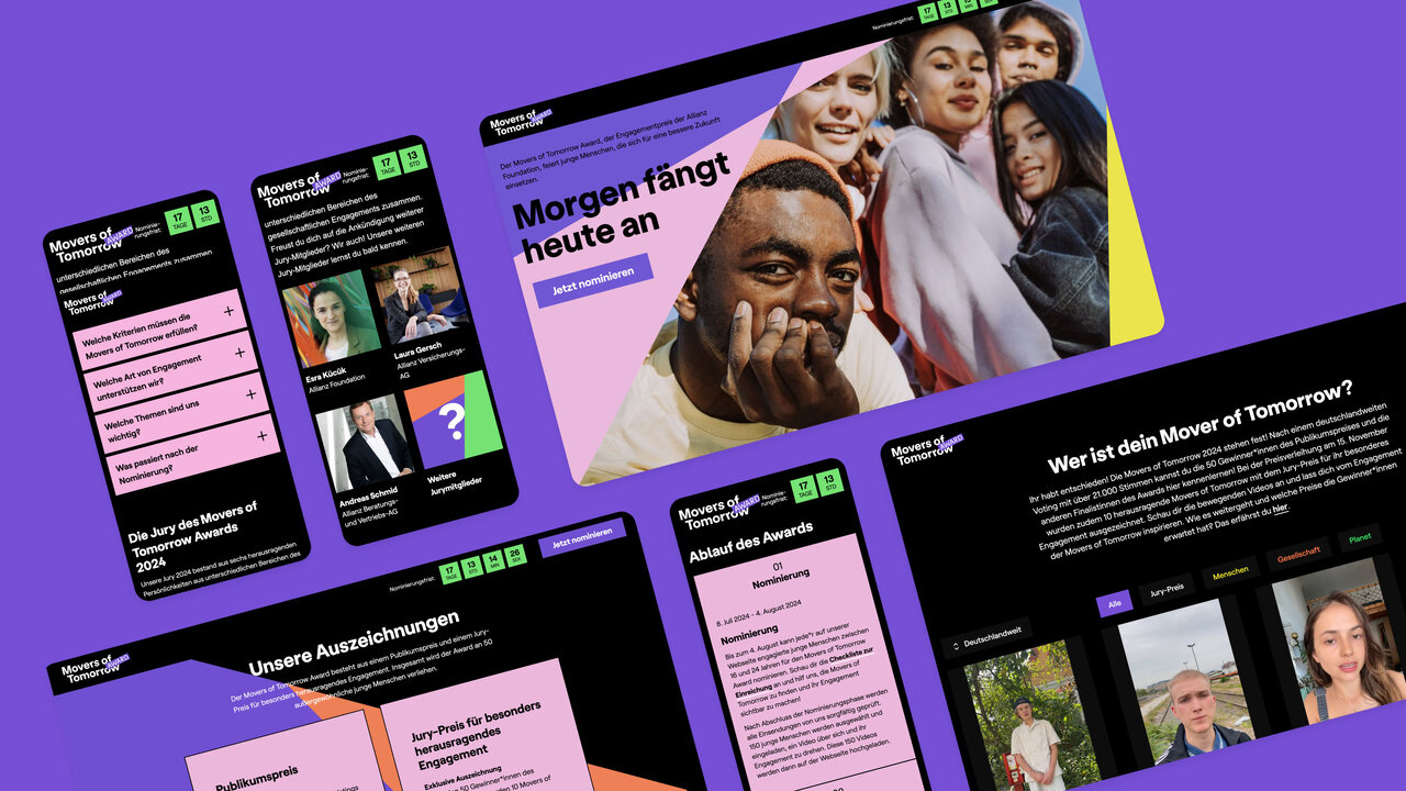 Mehrere Bildschirme mit violettem und rosa Hintergrund zeigen das Branding f&uuml;r den "Movers of Tomorrow Award" der Allianz Foundation. Websitedesign und Plakate pr&auml;sentieren verschiedene Portr&auml;ts junger Menschen mit unterschiedlichen Hintergr&uuml;nden, die Diversit&auml;t und Engagement visualisieren.