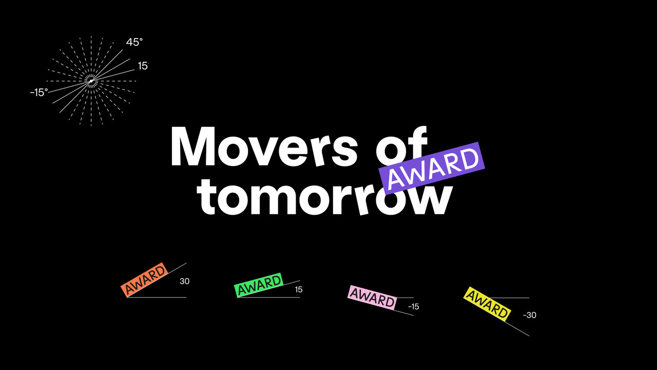 Grafische Darstellung des "Movers of Tomorrow Award" mit dem Titel in Gro&szlig;buchstaben auf schwarzem Hintergrund und farbigen, diagonal angeordneten Award-Etiketten, die dynamische Bewegung und Innovation symbolisieren.