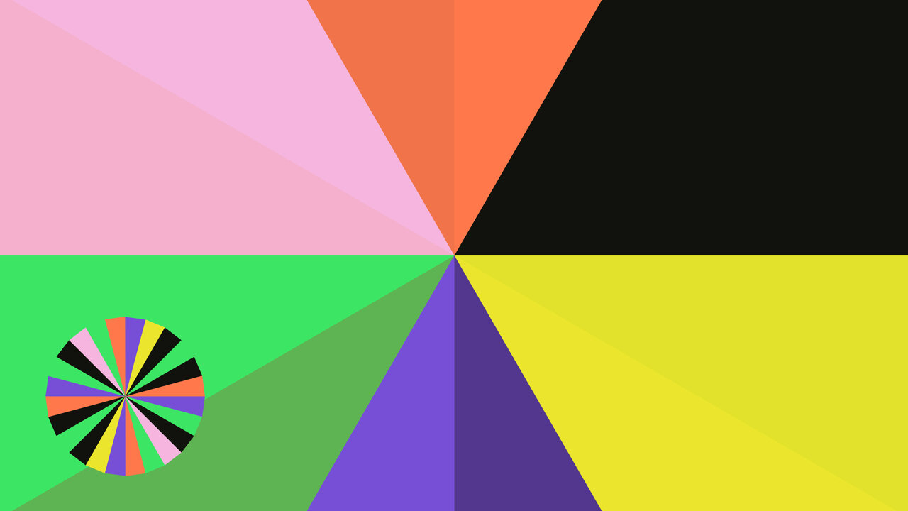Grafische Komposition mit geometrischen Dreiecken in verschiedenen Farben wie Pink, Orange, Schwarz, Gr&uuml;n, Lila und Gelb, die ein abstraktes, kaleidoskopisches Muster mit einer bunten R&auml;dchenform in der linken unteren Ecke bilden.
