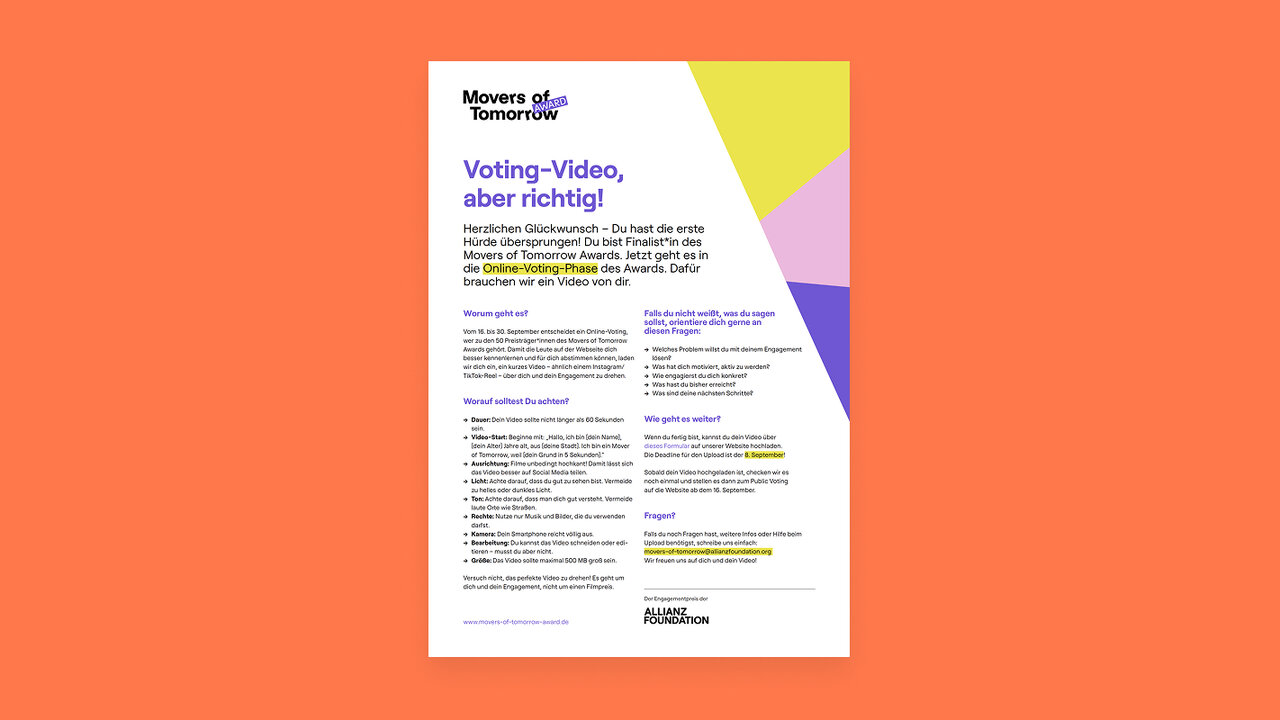 Informationsblatt zum Voting-Video des Movers of Tomorrow Awards mit grafischen Elementen in Gelb, Lila und Blau auf orangefarbenem Hintergrund, das Informationen und Richtlinien zum Abstimmungsprozess pr&auml;sentiert.