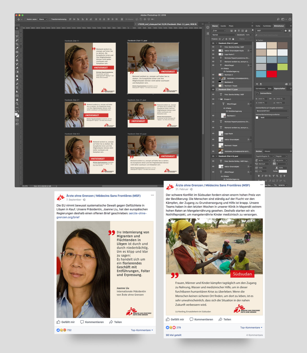 Photoshop-Arbeitsfl&auml;che mit sechs Varianten eines Portraitlayouts f&uuml;r eine Kampagne von &Auml;rzte ohne Grenzen, darunter Screenshots von Websitedesigns und Druckmaterialien mit Portr&auml;ts von Mitarbeitenden in verschiedenen Situationen.