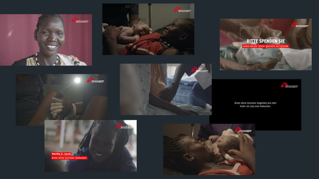 Collage von Bildern, die medizinische Hilfe und menschliche Geschichten in Krisensituationen zeigen: l&auml;chelnde Person, Menschen in medizinischer Behandlung, Nahaufnahmen von H&auml;nden und Gesichtern, die Hilfe und Hoffnung in herausfordernden Momenten vermitteln.