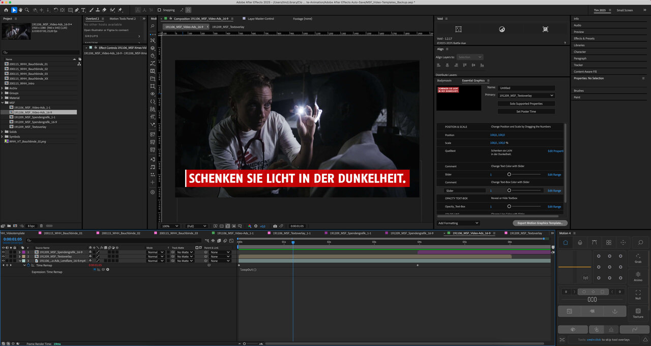 After Effects-Projekt-Bildschirm mit einem beleuchteten Szenenbild und einem roten Text&uuml;berlay, das Videobearbeitung und Farbkorrektur in der Postproduktion zeigt.
