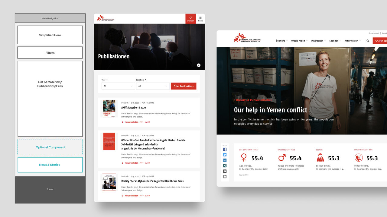 Drei Bildschirme zeigen Website-Designs f&uuml;r &Auml;rzte ohne Grenzen mit Publikationsliste, Projektbeschreibung und Portr&auml;t einer Mitarbeiterin vor einem Hintergrund mit Regalen.
