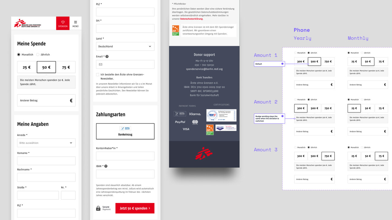 Designentwurf einer Zahlungsseite mit minimalistischem Interface, der verschiedene Zahlungsmethoden und Formularfelder in einem dunklen und hellen Farbschema zeigt, offensichtlich Teil eines Webseitenprototyps f&uuml;r eine Hilfsorganisation.