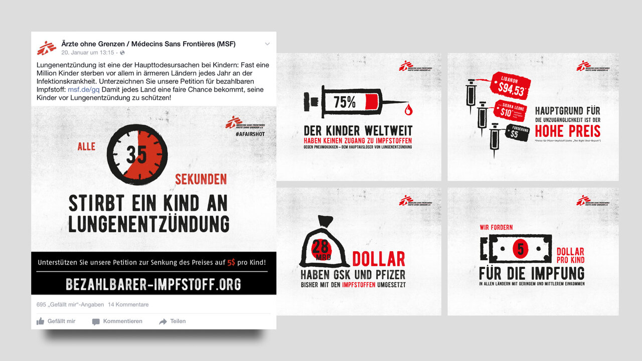 Vier Plakate von &Auml;rzte ohne Grenzen mit statistischen Infografiken zu Gesundheitsthemen wie Kindersterblichkeit, Impfungen und Gesundheitsversorgung, die auf Soziale Ungleichheiten und medizinische Nothilfe aufmerksam machen.