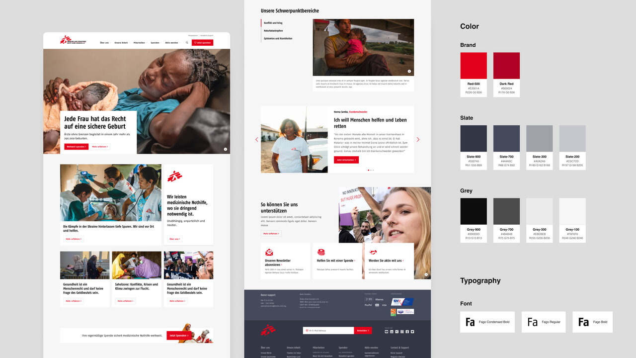 Webdesign-Styleguide f&uuml;r eine Hilfsorganisation mit Farbpalette in Rot und Graut&ouml;nen, Websitevorschau mit Bildern von Menschen in verschiedenen humanit&auml;ren Kontexten und typografischen Elementen.