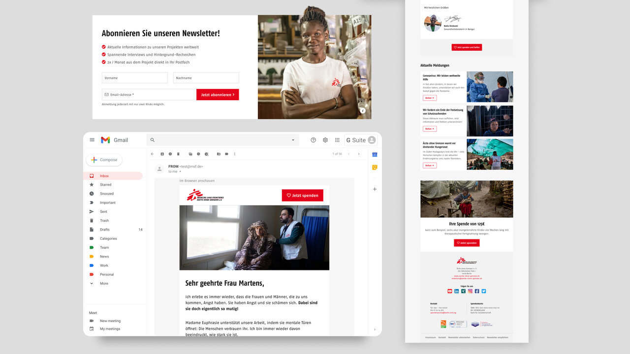 Zwei Screenshots einer Webseite von &Auml;rzte ohne Grenzen, die einen Mitarbeiter in wei&szlig;em T-Shirt und eine Seitenansicht der Website mit humanit&auml;rer Hilfsarbeit zeigen.