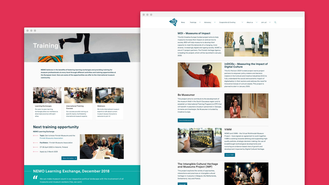 Zwei Webseiten-Mockups in pink und blau, die das Design der neuen NEMO-Website mit Trainings- und Veranstaltungs&uuml;bersichten zeigen, entwickelt von Studio Good f&uuml;r das Netzwerk Europ&auml;ischer Museumsorganisationen.