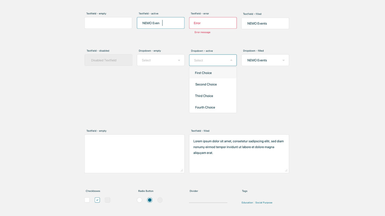 Wireframe-Design eines Formularinterfaces mit mehreren Eingabefeldern und Dropdown-Men&uuml;s, vermutlich f&uuml;r die Webseite des Netzwerks Europ&auml;ischer Museumsorganisationen (NEMO) mit minimalistischem und klarem Layout.
