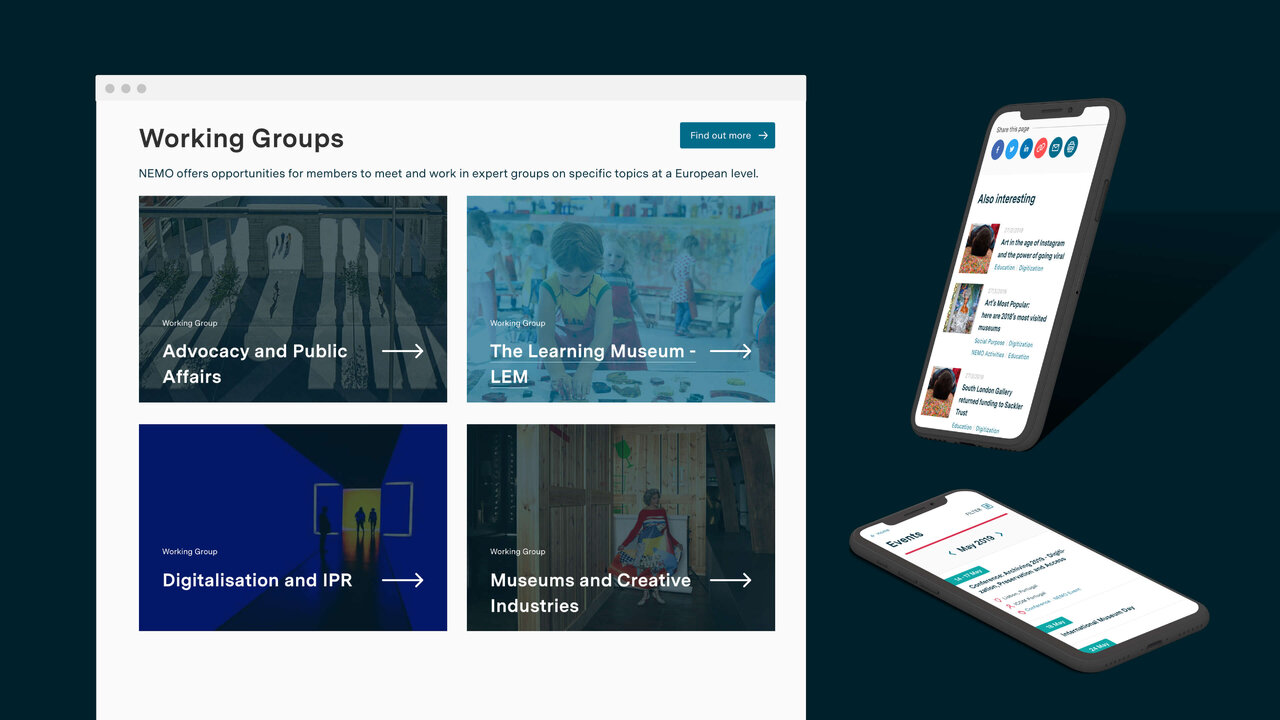 Webseite mit Arbeitsgruppen-&Uuml;bersicht f&uuml;r NEMO Netzwerk, dargestellt als Raster mit vier blauen Kacheln f&uuml;r verschiedene Bereiche wie Advocacy und Digitalisierung. Daneben zwei Smartphone-Mockups mit responsivem Webdesign der Plattform.
